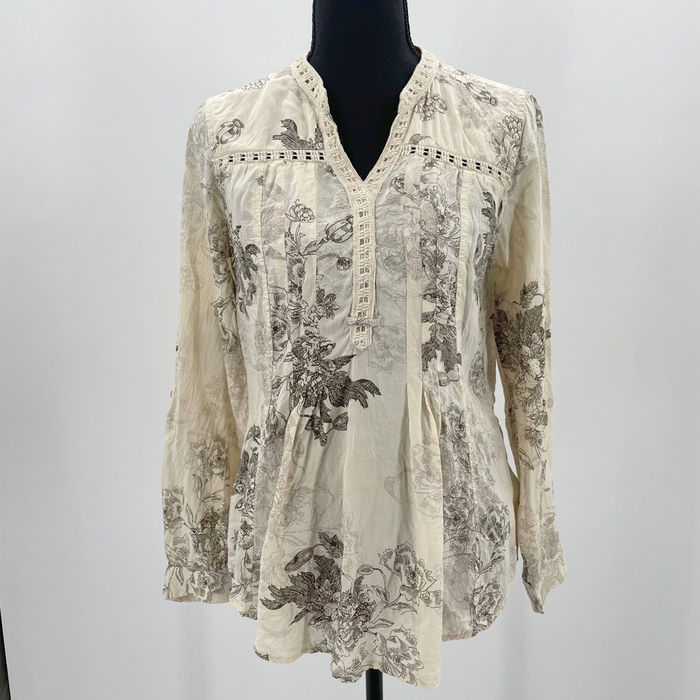 Vintage America Blues Oak Floral Peasant Blouse Cream‎ Brown Lace Trim Small